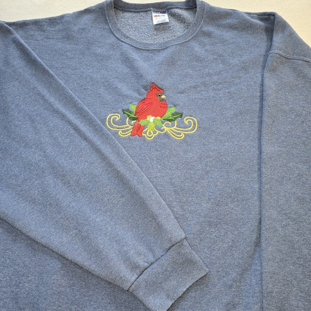 Jerzees Cardinal Embroidered Sweatshirt 2XL‎ Grandpacore Cottagecore Bird Blue